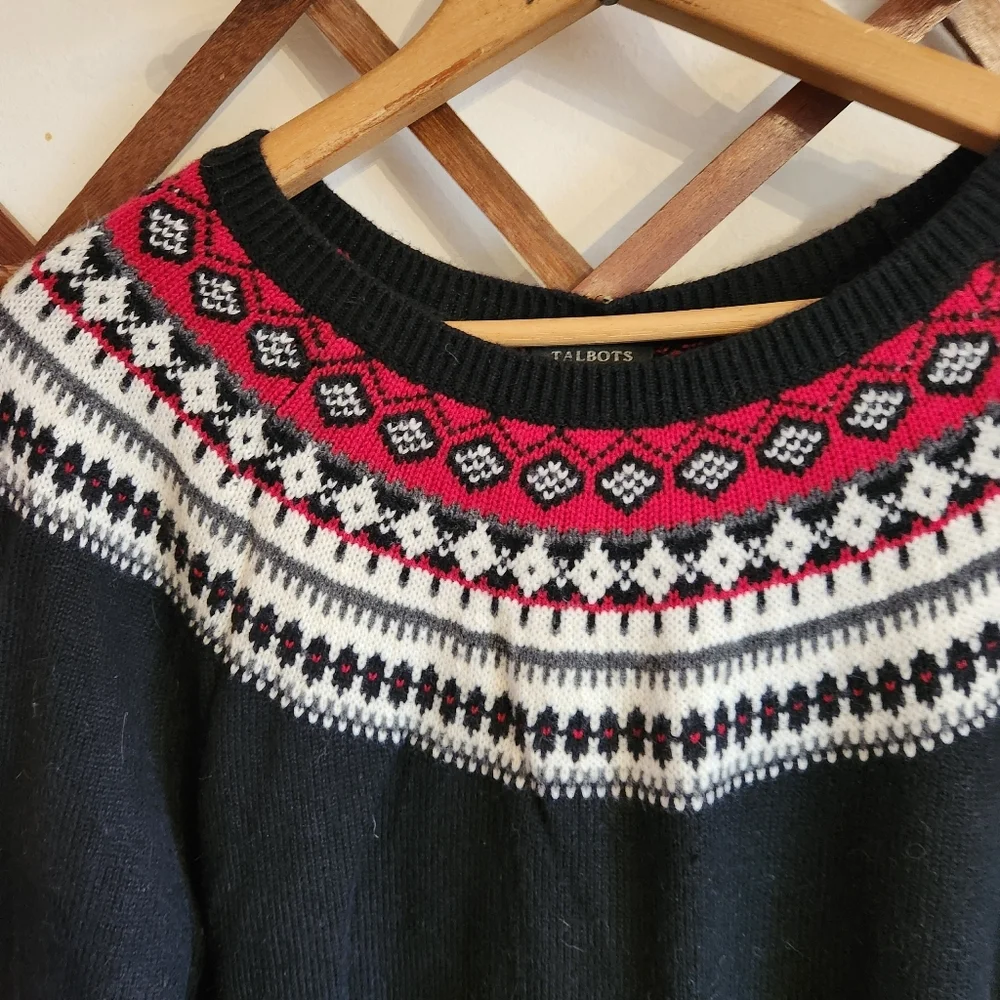 Talbots Fairisle Sweater Knit Red Black Wool Blend XL - Picture 2 of 6